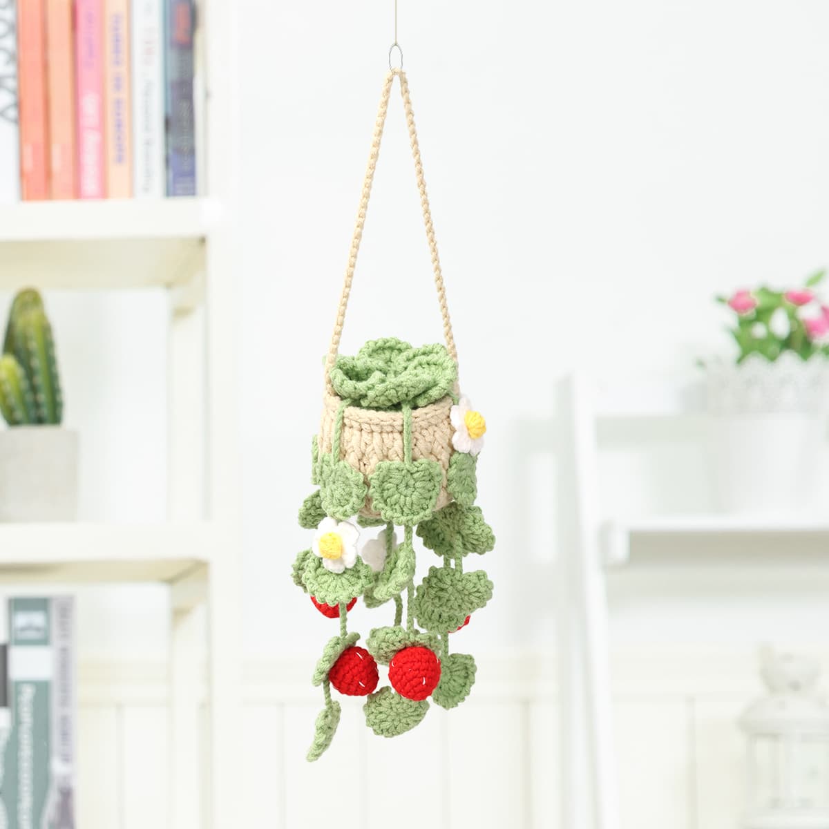 Handmade Crochet Hanging Potted Ornament With Trailing Strawberry Decorations And White Blossoms Everlasting Soft Yarn Crochet Flower Indoor Home Hanging Decor