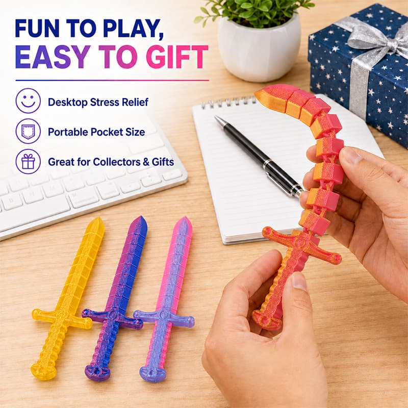 Flexible Articulated Sword Keychain 3D Printed Fidget Pendant, Bendable Linked Blade Desk Accessory, Mini Collectible Charm Gift