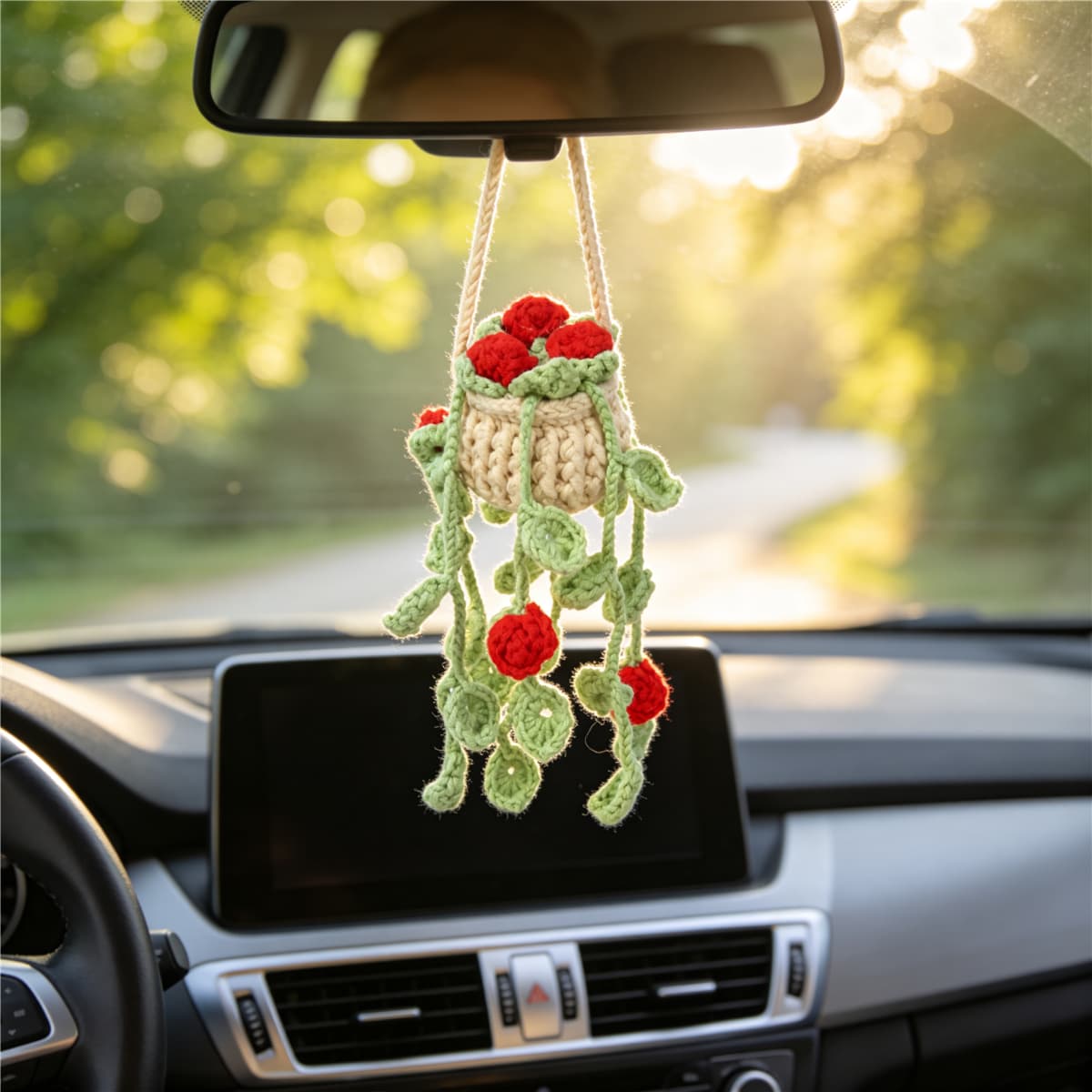 Handmade Crochet Trailing Heart Red Bud Green Vine Hanging Potted Ornament Soft Yarn Everlasting Blossom For Indoor Home Decoration