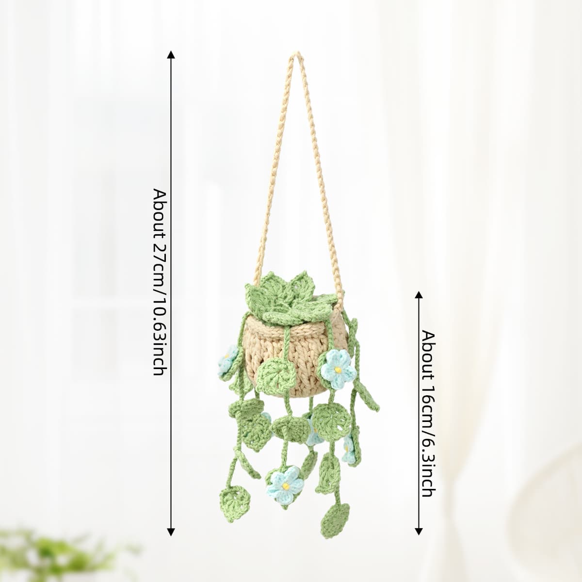 Handmade Crochet Hanging Potted Ornament With Trailing Green Leaves And Pale Blue Blossoms Everlasting Soft Yarn Crochet Flower Indoor Home Hanging Decor