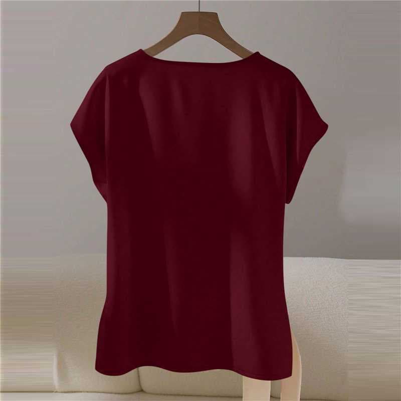 Bow-knot Round-neck Solid-color Loose-fit Elegant Short Sleeves
