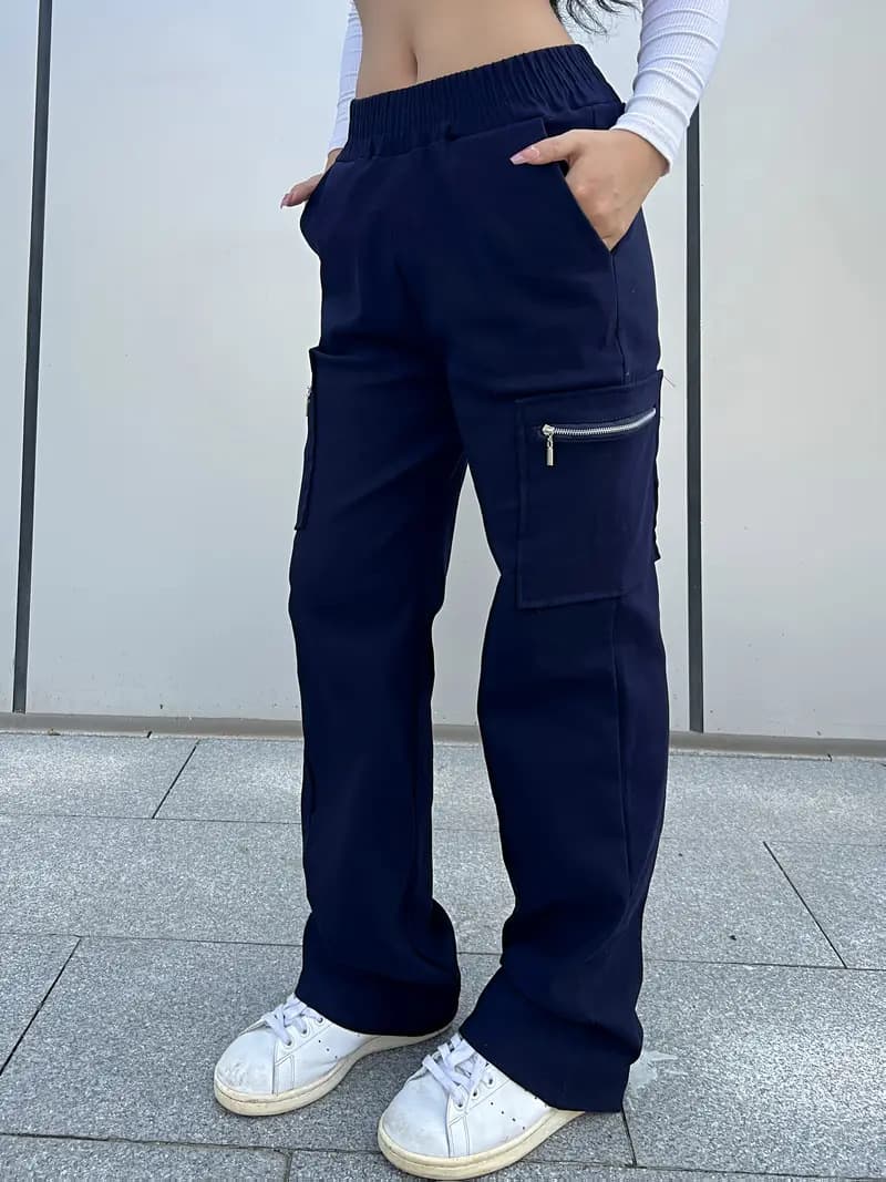 New High-waisted Straight-leg Casual Trousers With Zippers And Pockets
