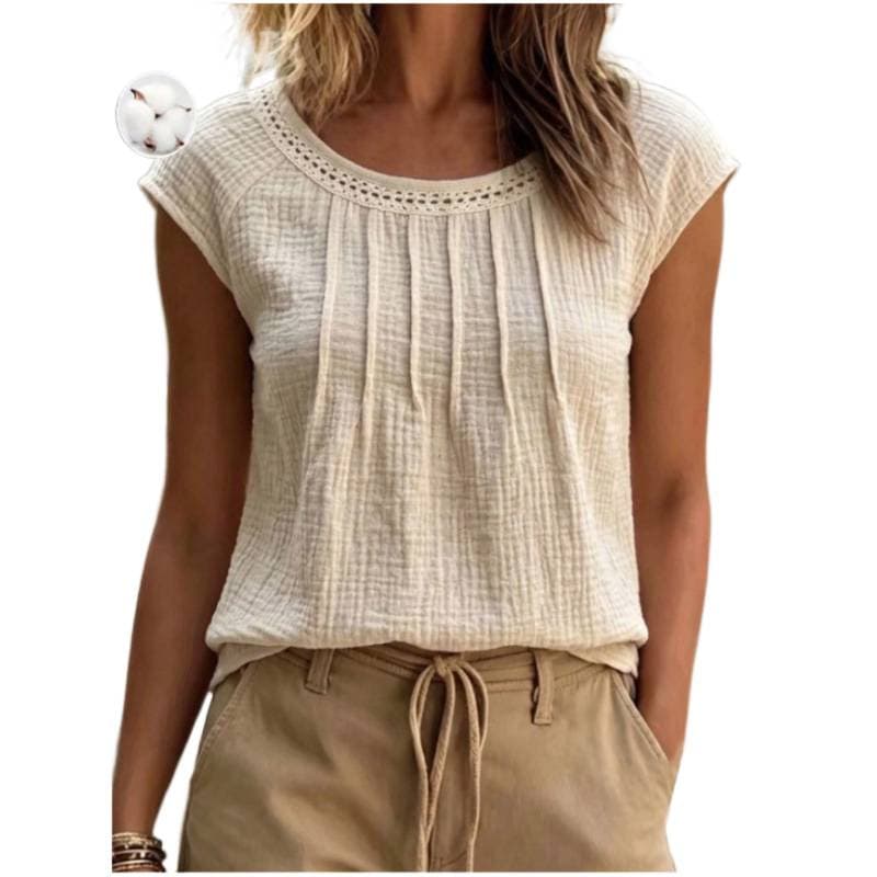 Casual Hollow-out Crew-neck Top With Bishop Sleeves