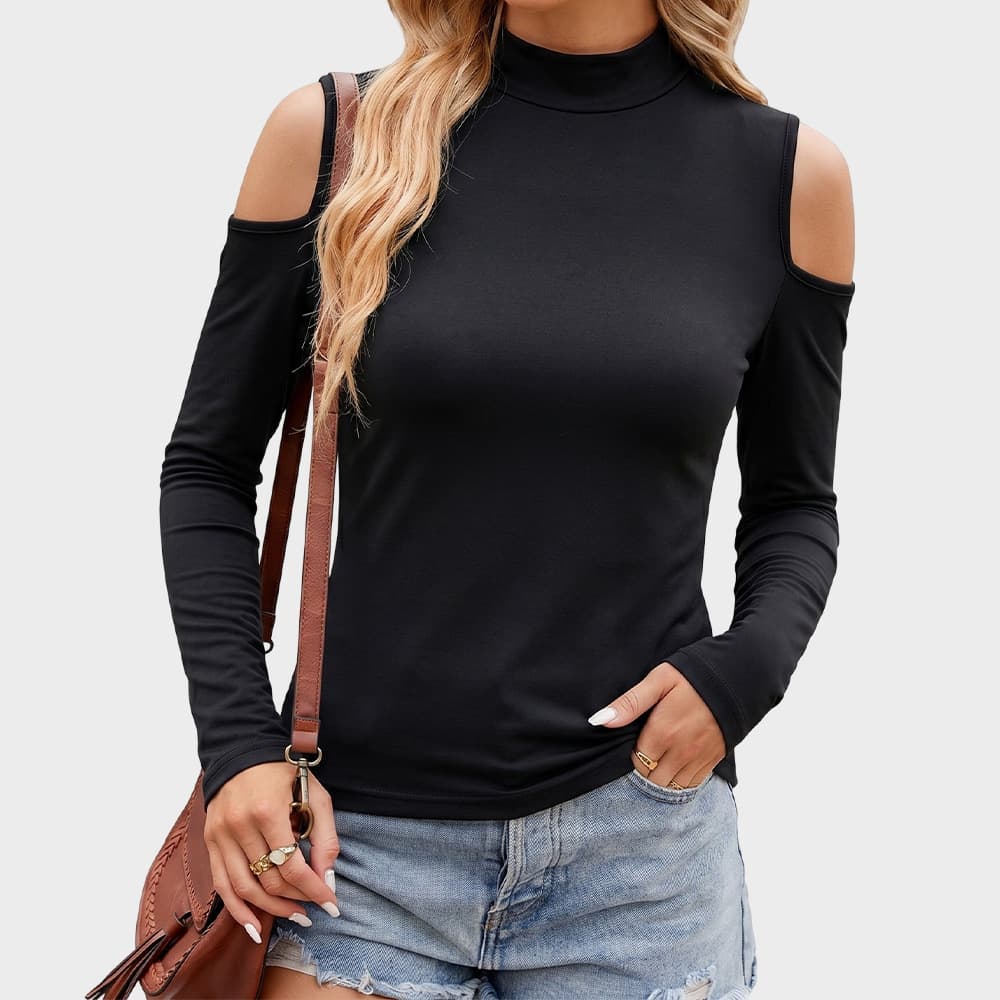 European And American-style Mock-neck Off-shoulder Long-sleeve T-shirt