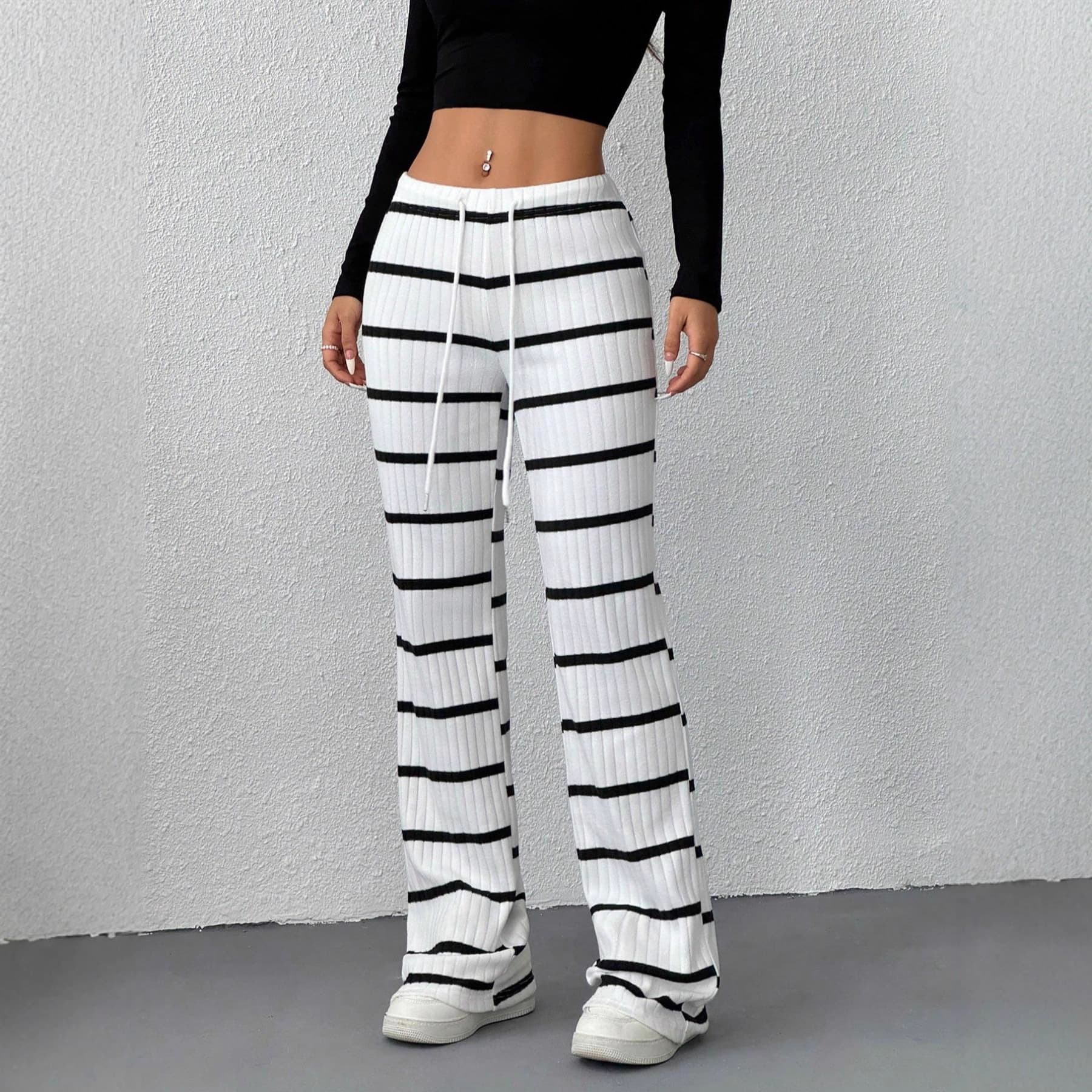 Mid-rise Drawstring Slimming Casual Straight-leg Floor-length Trousers