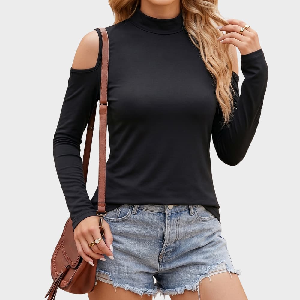 European And American-style Mock-neck Off-shoulder Long-sleeve T-shirt