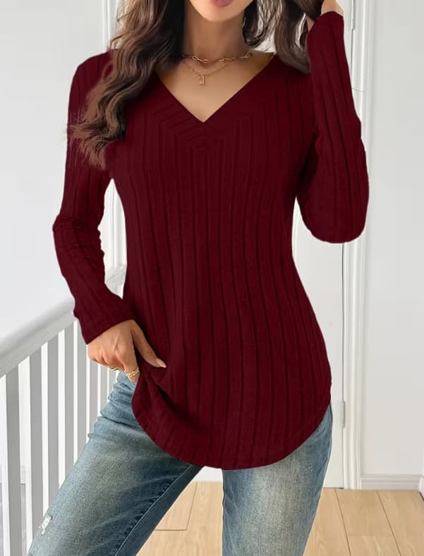 Women's Patchwork V-Neck Ribbed Top