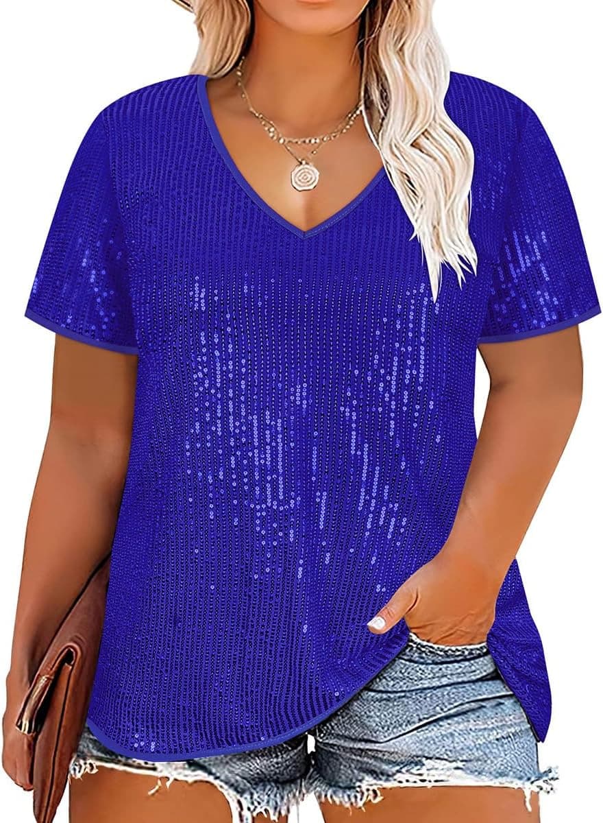 Sequined V-neck Short-sleeve Loose-fit Womens