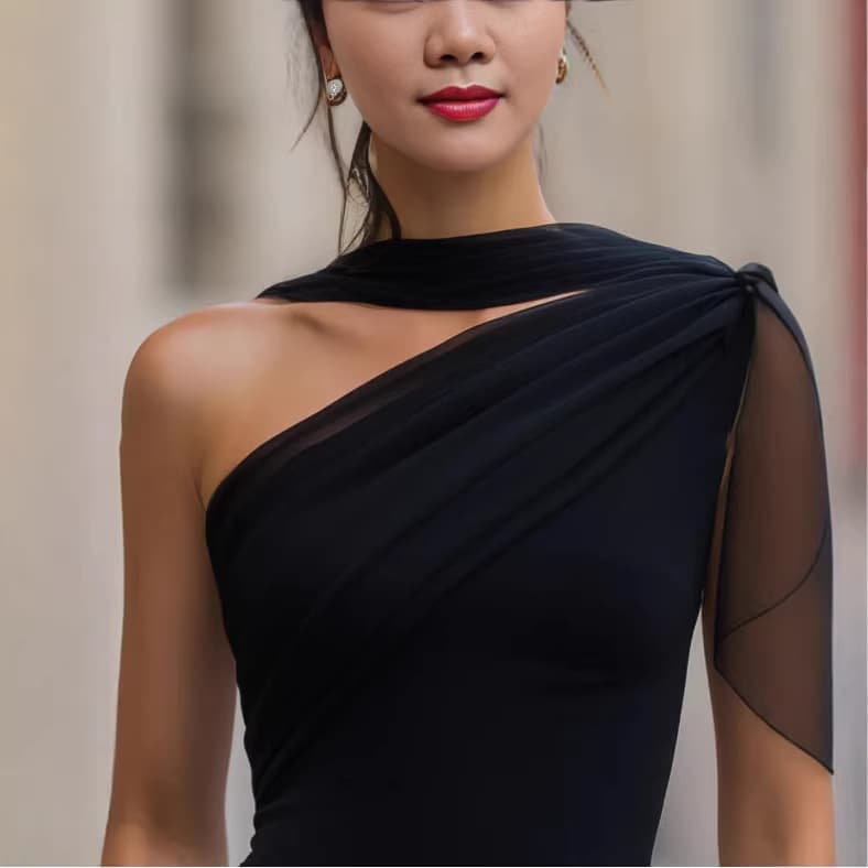 Womens New Black Chiffon One-shoulder Top With Spliced Draping Pleats