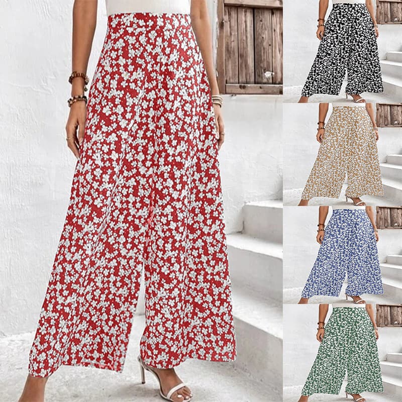 New Womens Floral-print Relaxed-fit Casual Waist-cinching Trousers