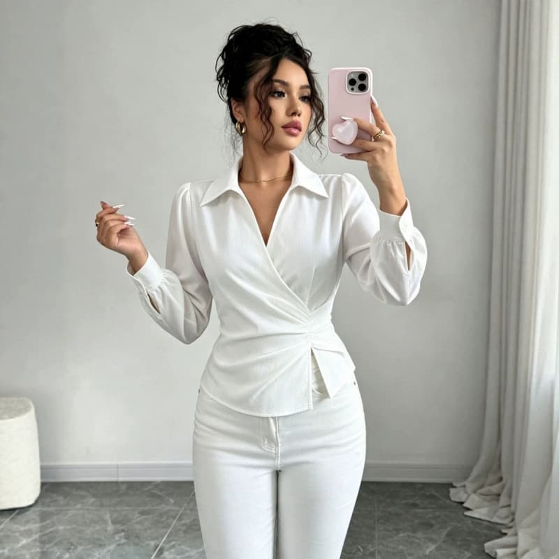 French-style Cinched-waist Shirt New Irregular V-neck Top