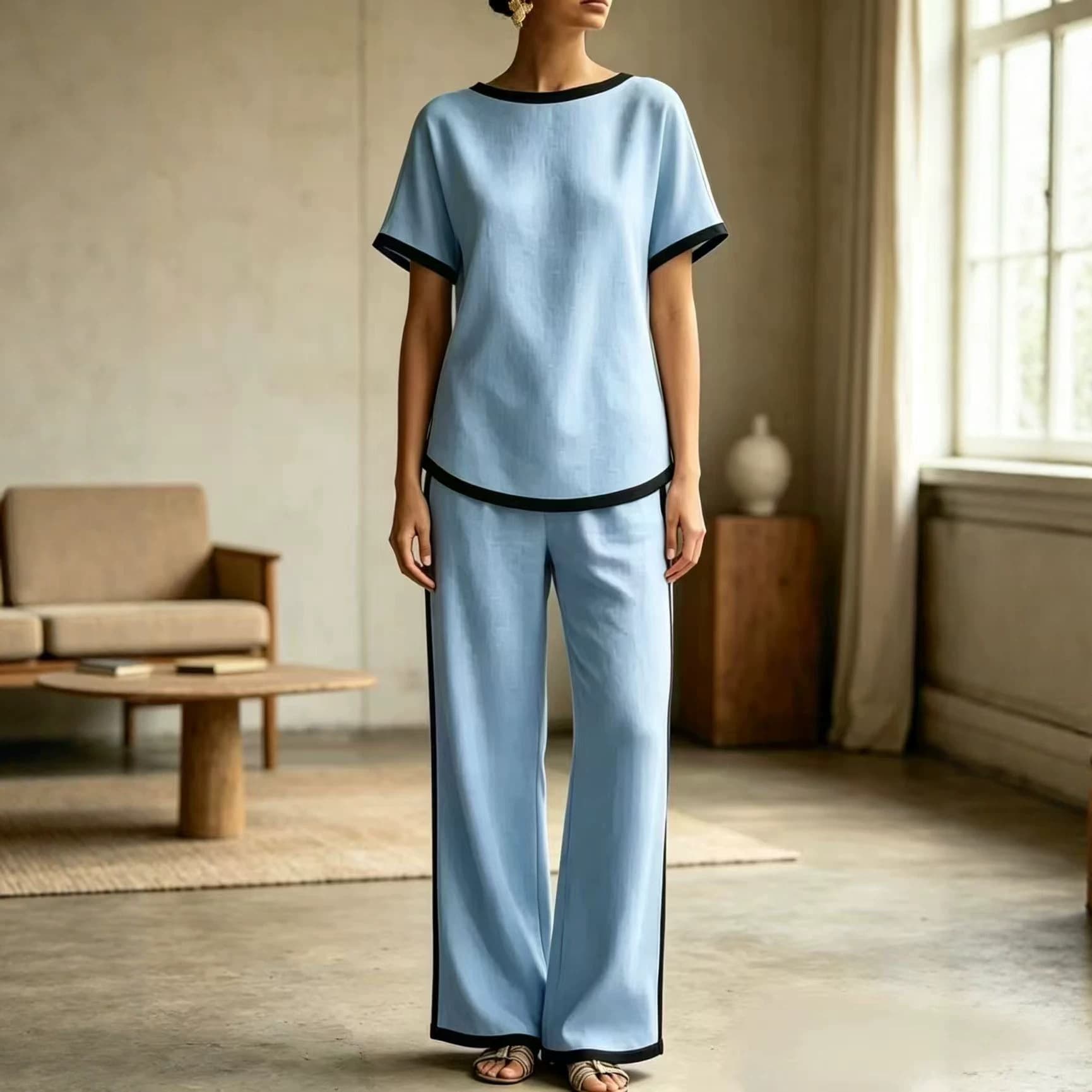 Short-sleeve Top Draped Wide-leg Pants Two-piece Set
