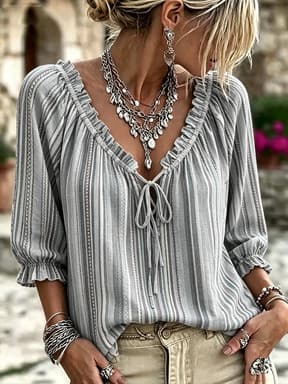 Womens Printed Cropped-Sleeve Striped V-Neck T-Shirt