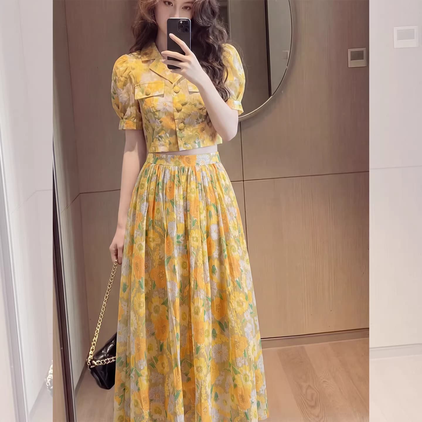 French Pastoral Style Yellow Floral Skirt Two-piece Set
