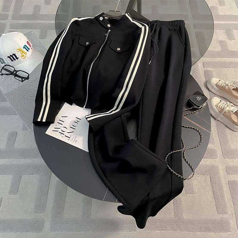 Two-piece Set Featuring A High-end, Casual Sporty High-waist Wide-leg Pants