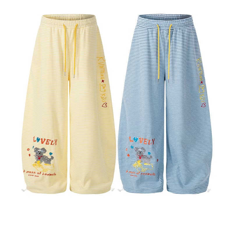 Cute Puppy Embroidered Striped Sweatpants For Women