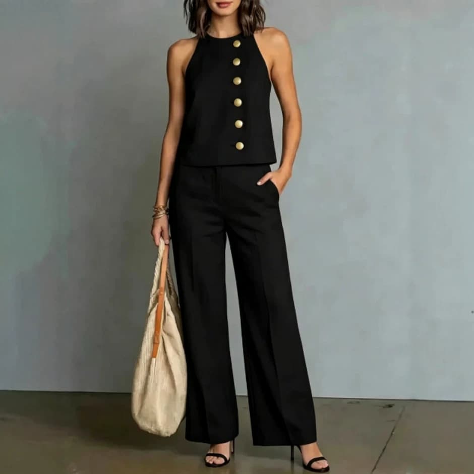 French-style Sleeveless Halter Top And High-waisted Wide-leg Pants Two-piece Set