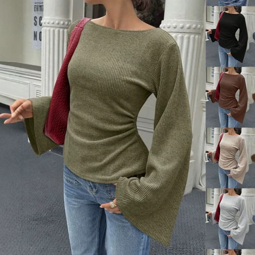 Solid-color Ribbed Crew-neck Fitted Top With Bell Sleeves For Women