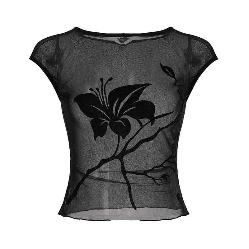 Flocked-print Mesh Short-sleeve Top