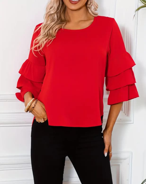 Womens Solid-color Relaxed-fit Casual Top With Ruffled Sleeves And A Round Neckline
