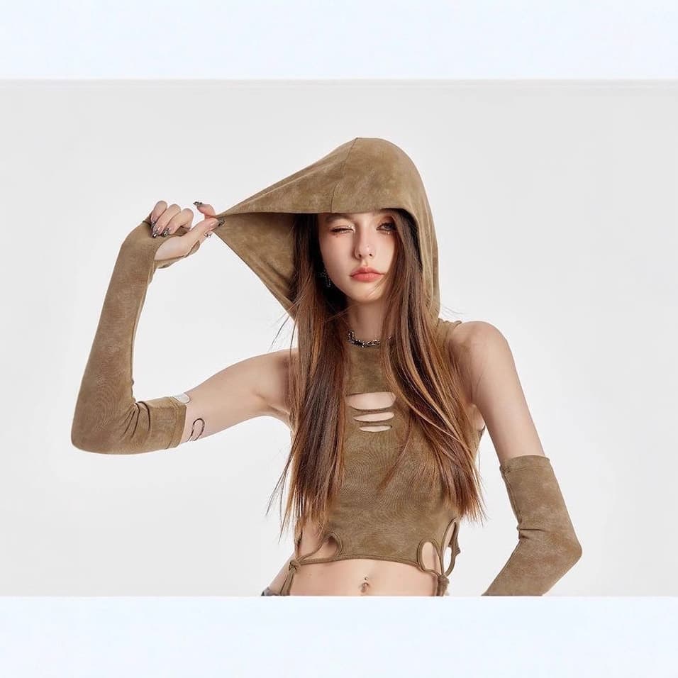 Khaki Post-apocalyptic Hooded T-shirt For Women