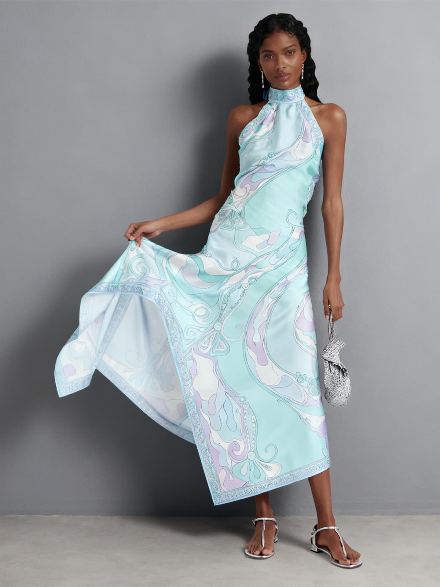 Printed Halter-neck Contrasting-color Sleeveless Top And Skirt Set
