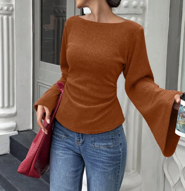 Solid-color Ribbed Crew-neck Fitted Top With Bell Sleeves For Women