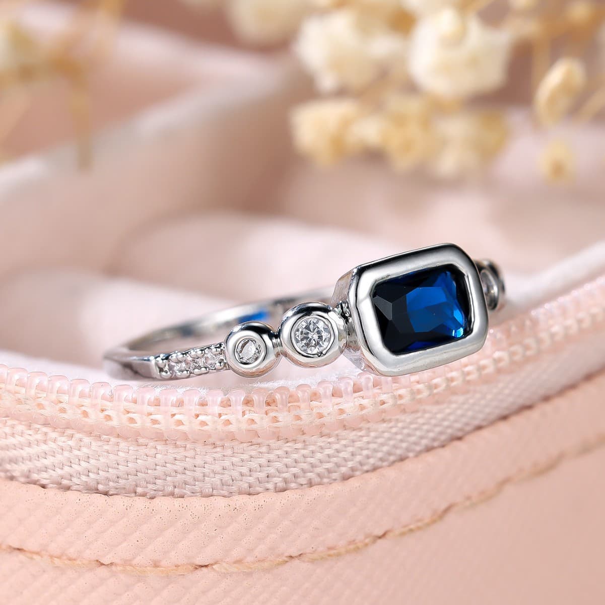 Simple Rectangular Blue Sapphire And Zircon Ring