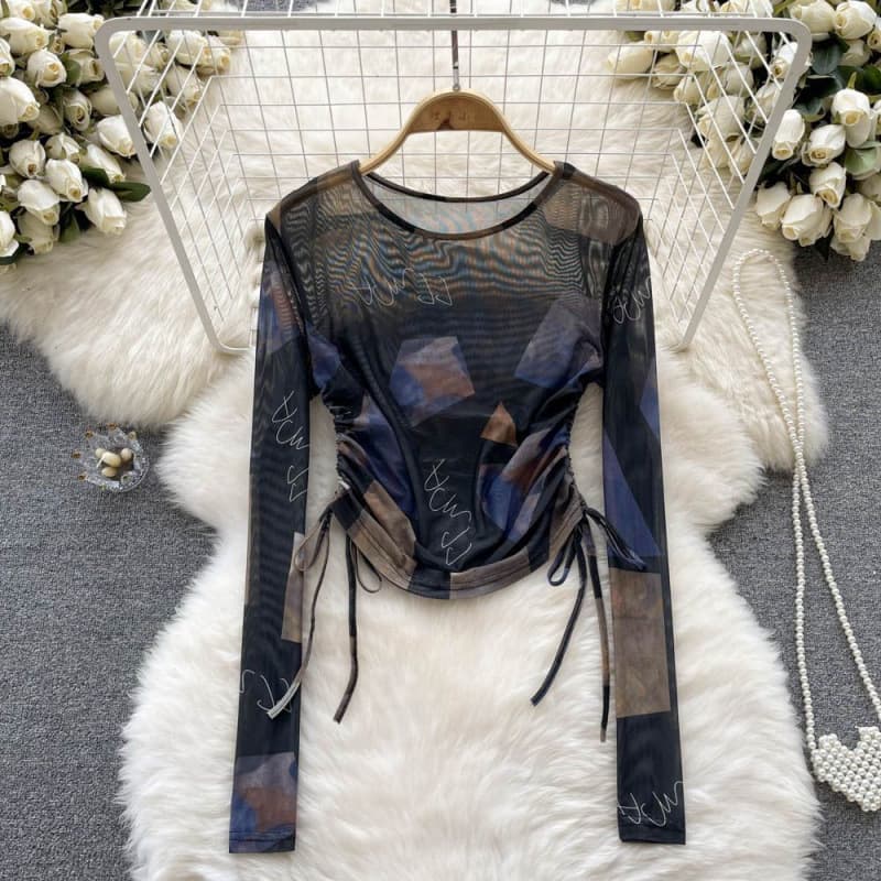 Womens Retro Tie-Dye Mesh Drawstring Crew-Neck Top