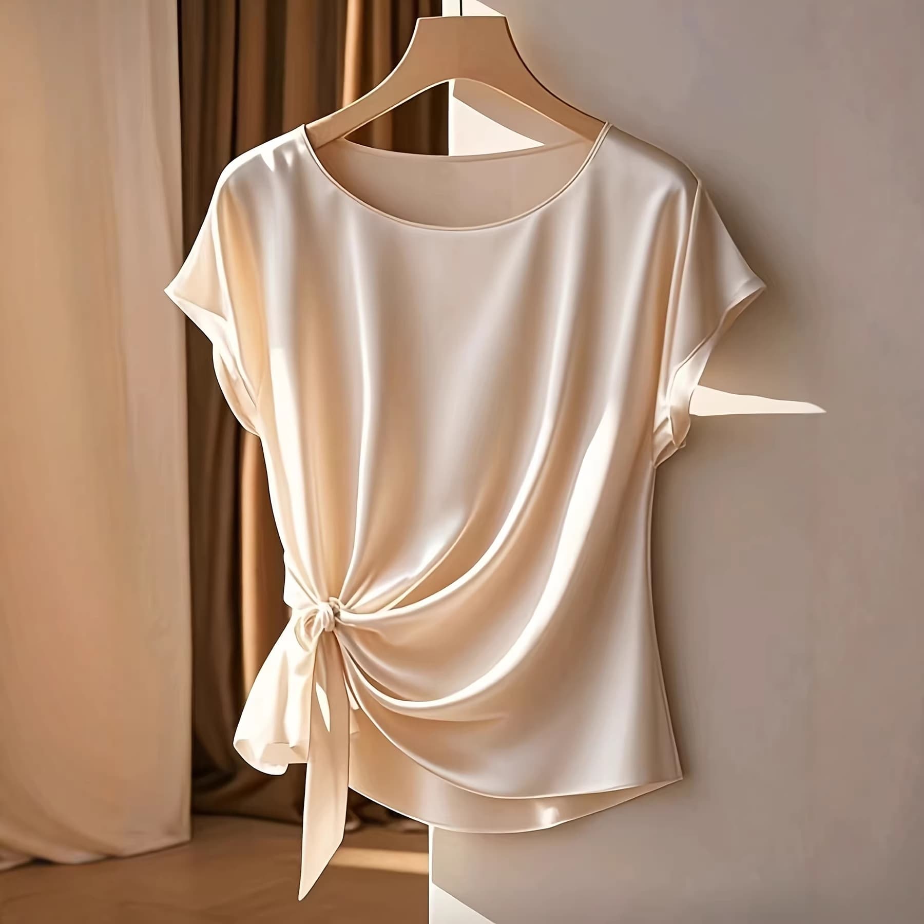 Bow-knot Round-neck Solid-color Loose-fit Elegant Short Sleeves