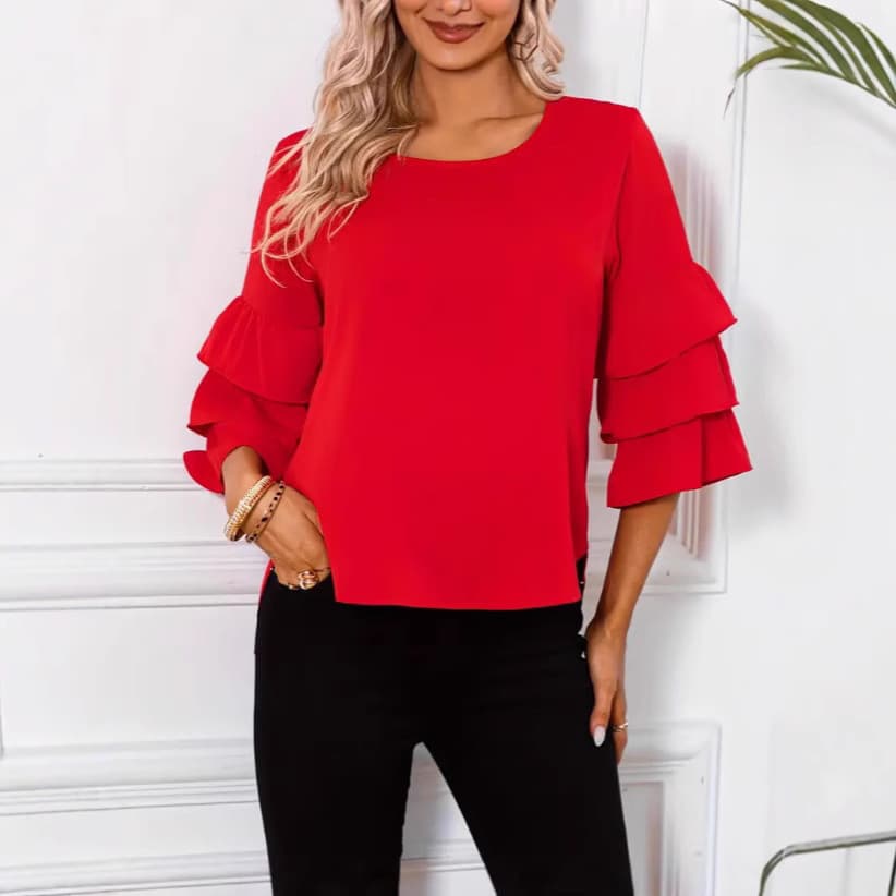 Womens Solid-color Relaxed-fit Casual Top With Ruffled Sleeves And A Round Neckline