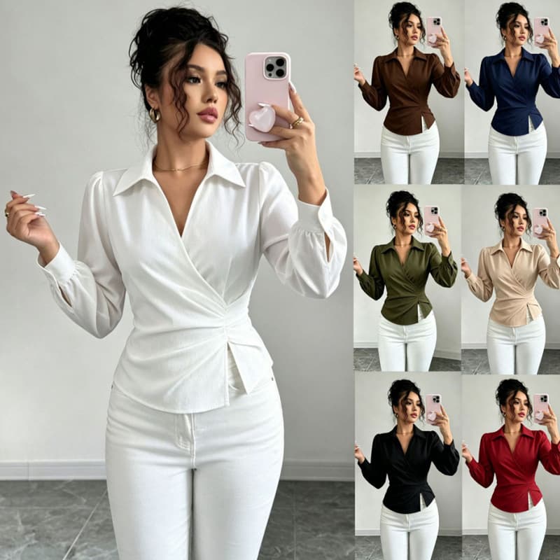 French-style Cinched-waist Shirt New Irregular V-neck Top