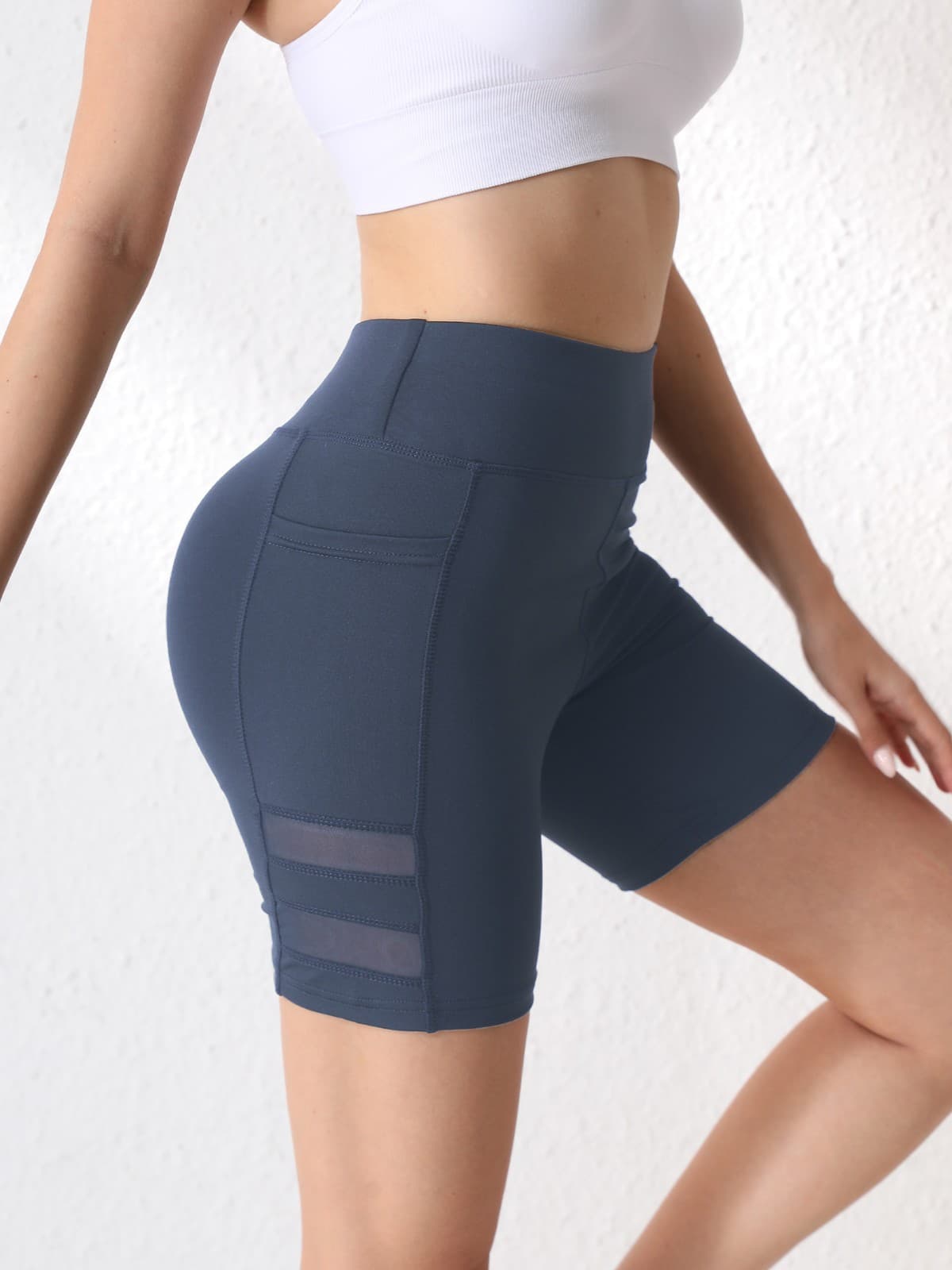 Women's Sports Short-Sleeved Shorts With Mesh Stitching, Four-Quarter Length, Quick-Dry Yoga Wear, Outdoor, High-Transparency, Revealing The Crotch Area