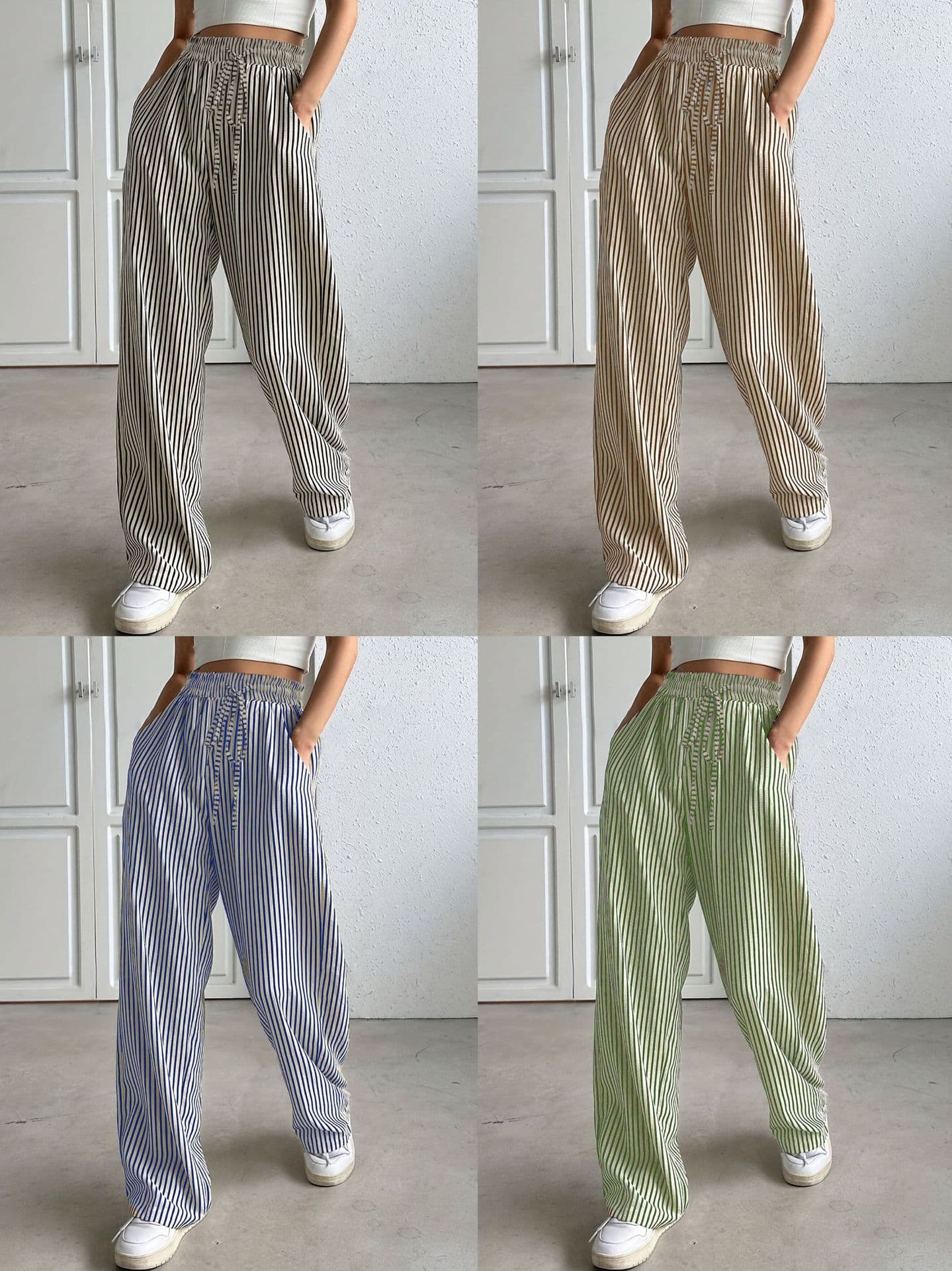 Women High Waist Striped Wide Leg Pants Elastic Drawstring Loose Fit Casual Straight Long Trousers With Pockets