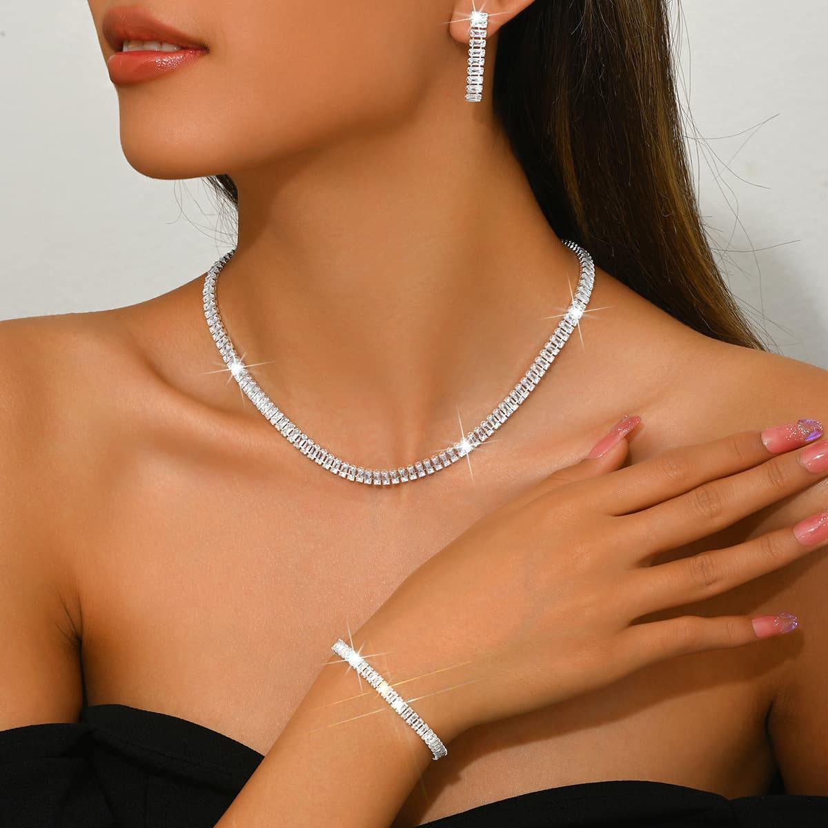 Fashionable Super Shiny Crystal Zircon Geometric Earrings, Necklace, Bracelet Three-Piece Set, High-End Silver-Plated Party Jewelry For Women