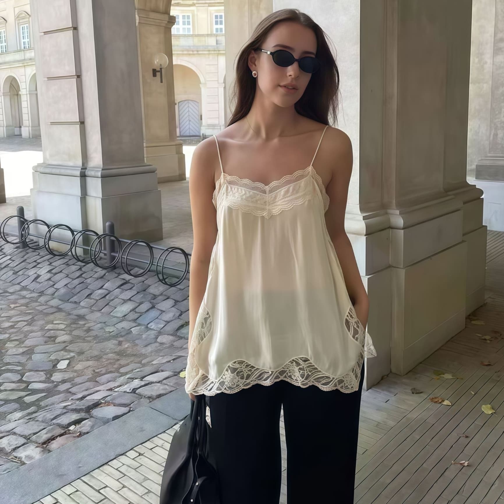 Womens French-style Camisole With Lace Trim And Sheer Fabric Top