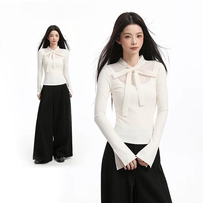 Apricot Lace-Up Bow-Knot Long-Sleeved T-Shirt For WomenAutumnWinter Style